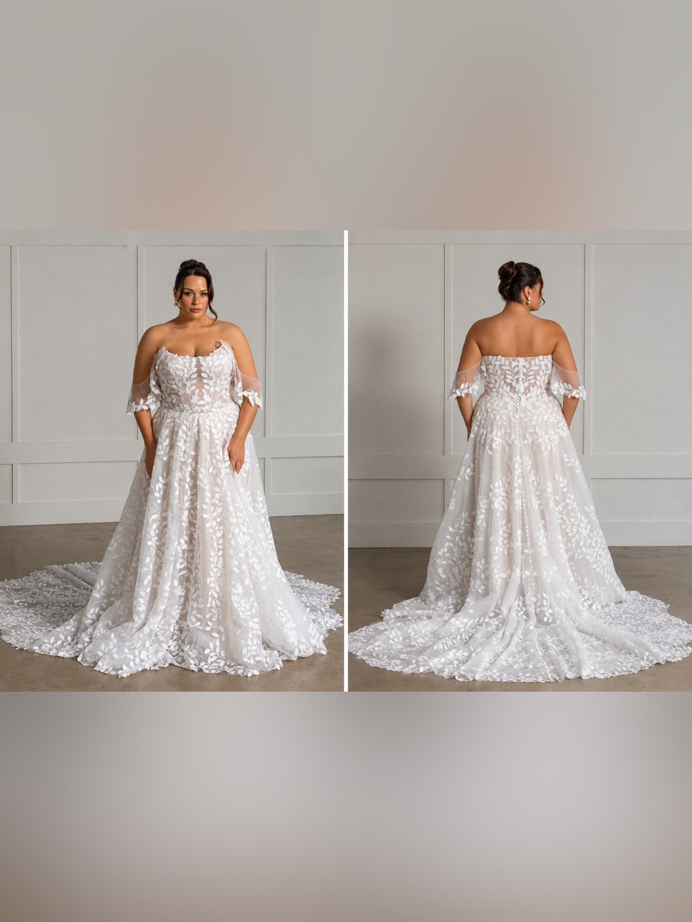 Off-Shoulder Ivory/mocha Floral Lace Bridal Gown